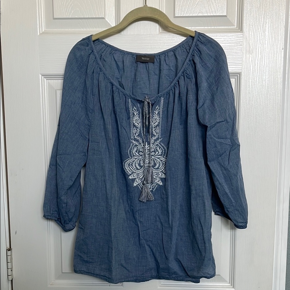 Yessica Blue Embroidered 3/4 Sleeve Tunic